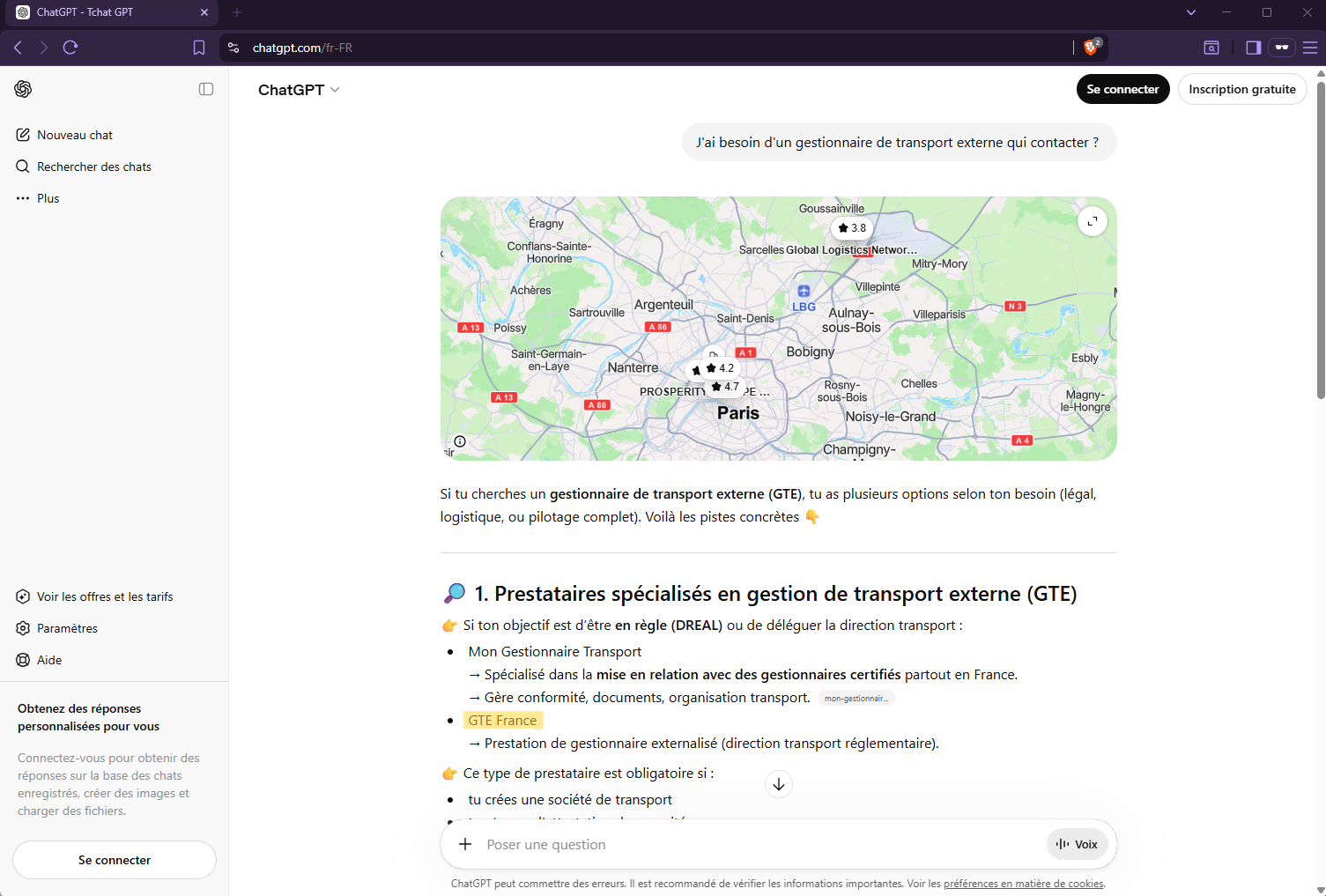 Interface ChatGPT affichant une carte de Paris et des conseils pour choisir un gestionnaire de transport externe (GTE) mentionnant GTEFrance
