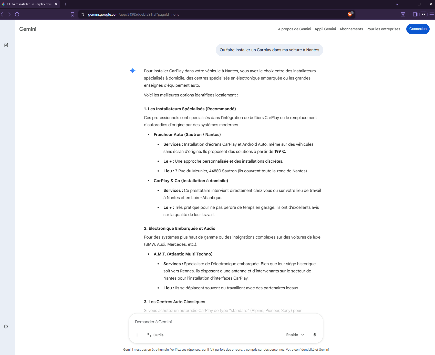 Interface Gemini Google recommandant Fraîcheur Auto à Sautron et CarPlay & Co pour l'installation de boîtiers CarPlay à Nantes
