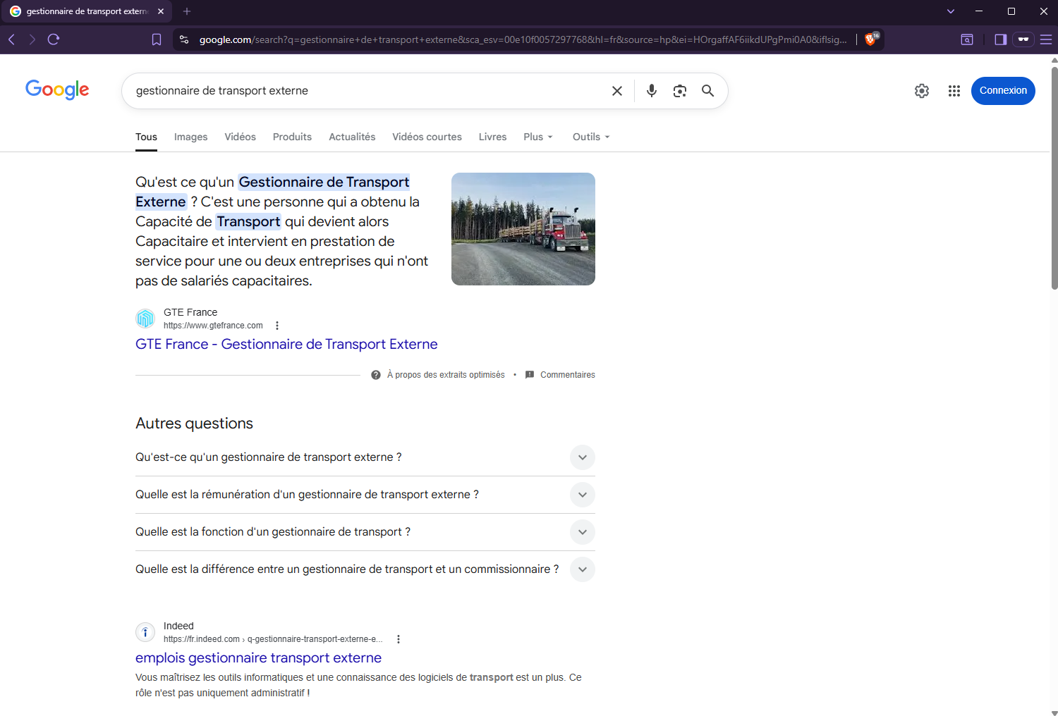 Capture d'écran Google Search montrant la définition d'un gestionnaire de transport externe et le site de référence GTE France