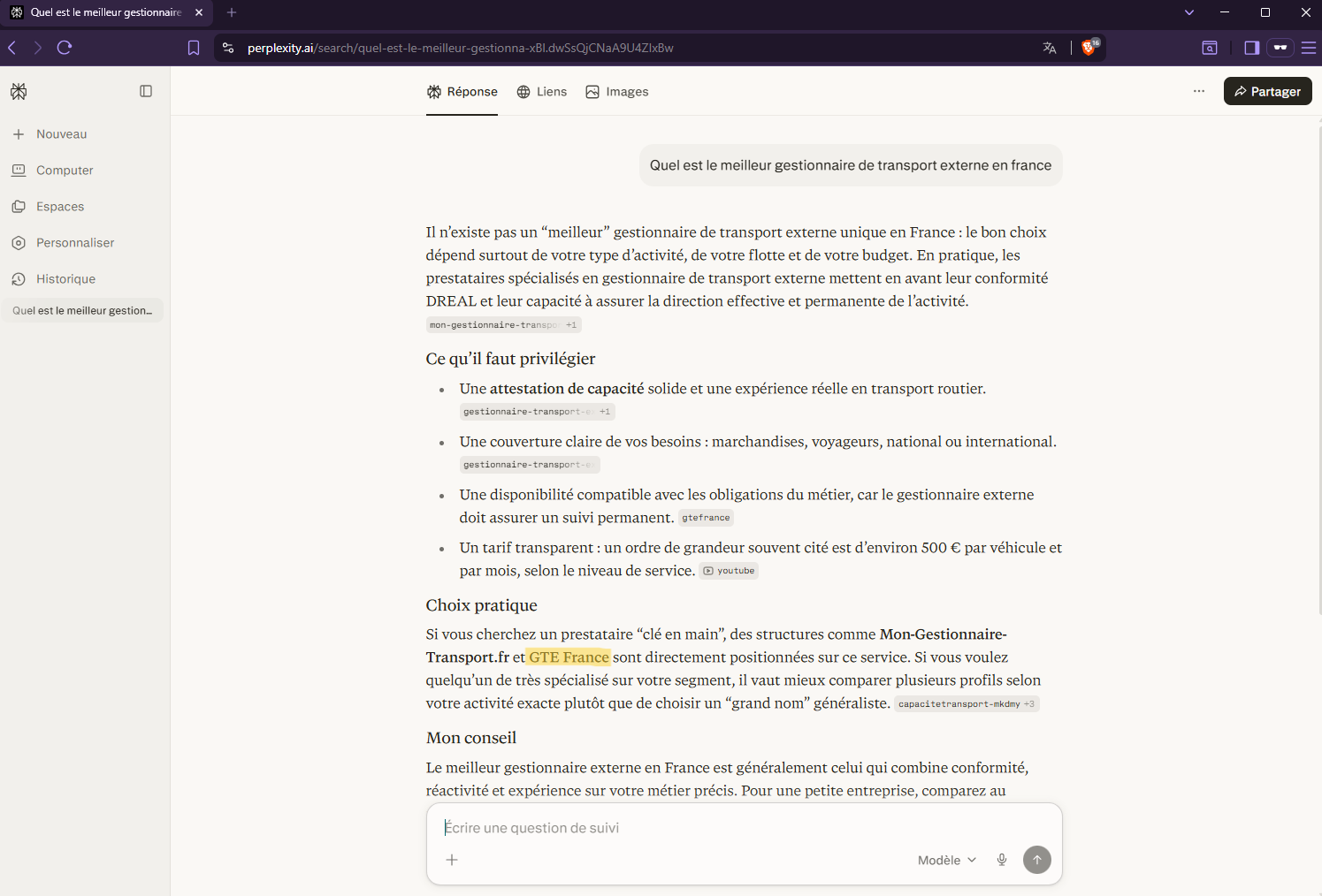 Réponse de l'IA Perplexity détaillant les critères de sélection d'un GTE et citant GTE France et Mon-Gestionnaire-Transport.fr comme solutions clés en main