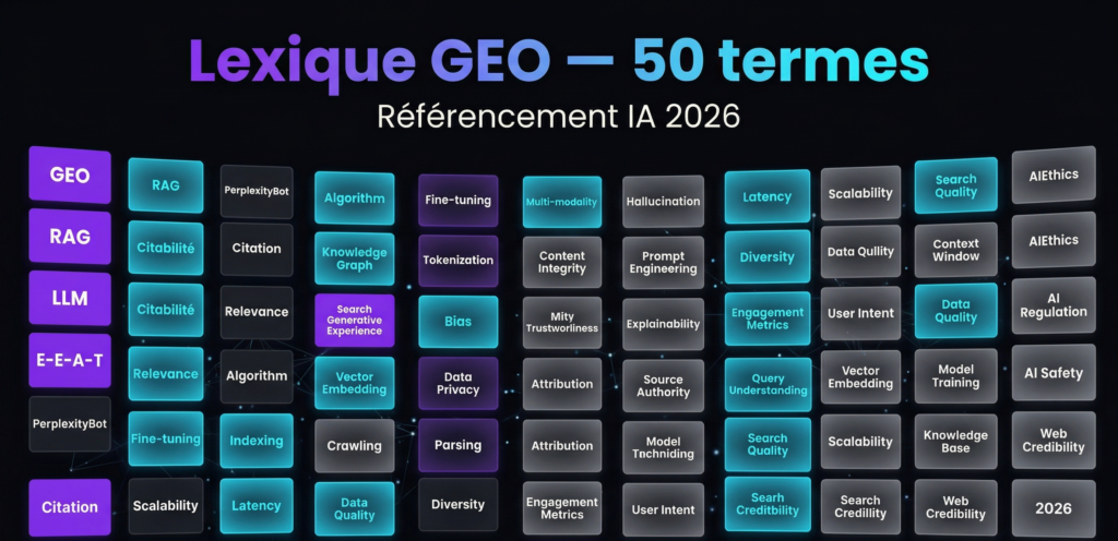 Lexique GEO complet : 50 termes pour maîtriser le référencement IA en 2026