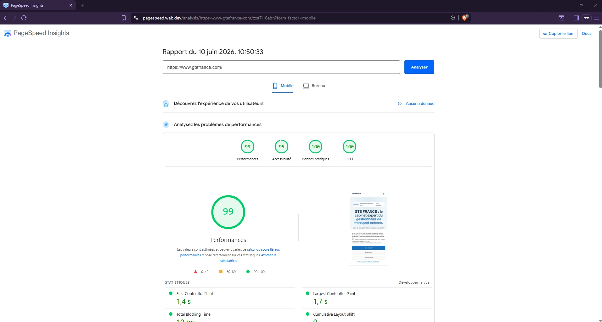 Scores Lighthouse mobile de gtefrance.com : 98 performance, 95 accessibilité, 100 bonnes pratiques, 100 SEO