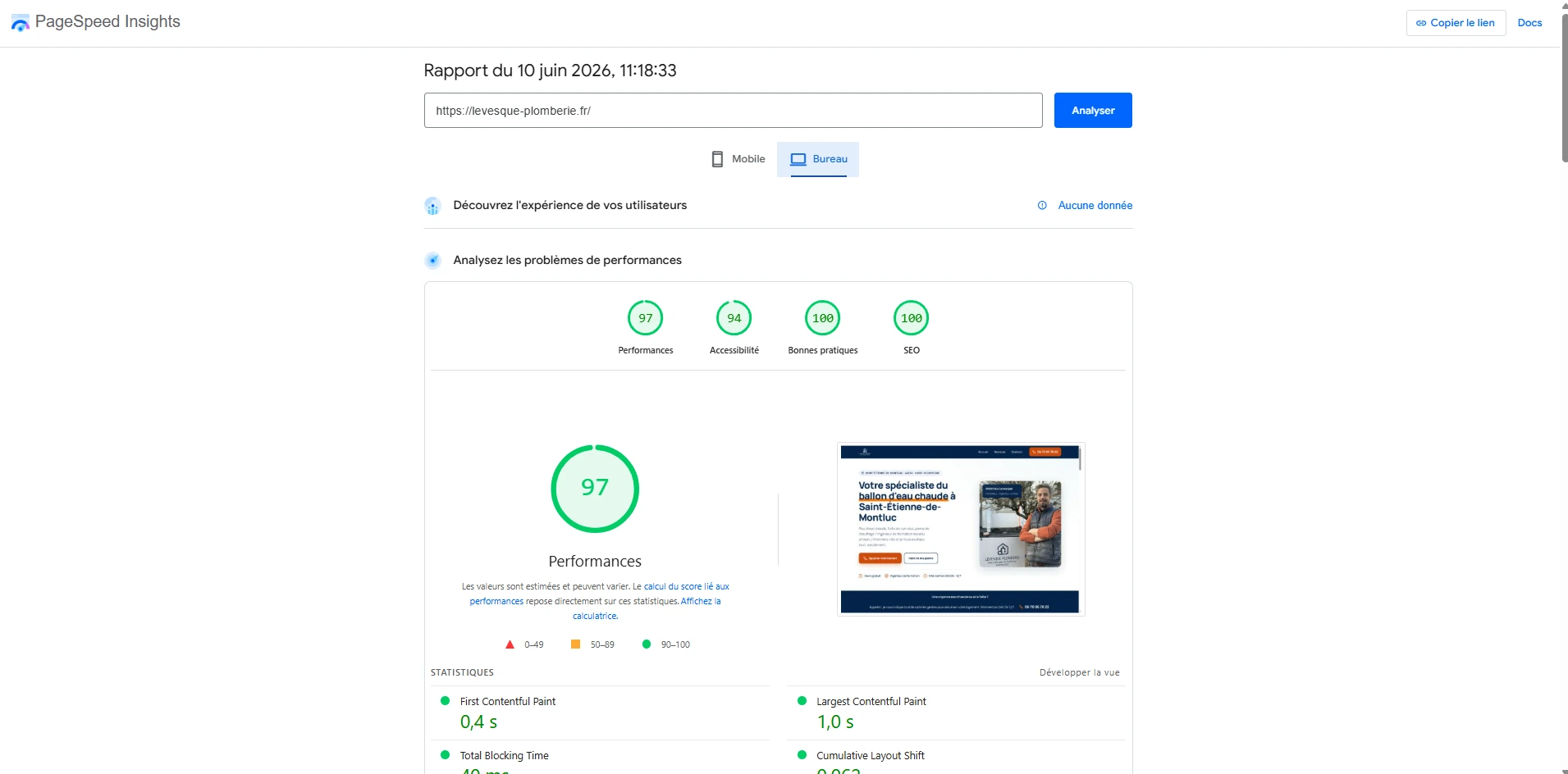 Score PageSpeed desktop 94/100 du site levesque-plomberie.fr