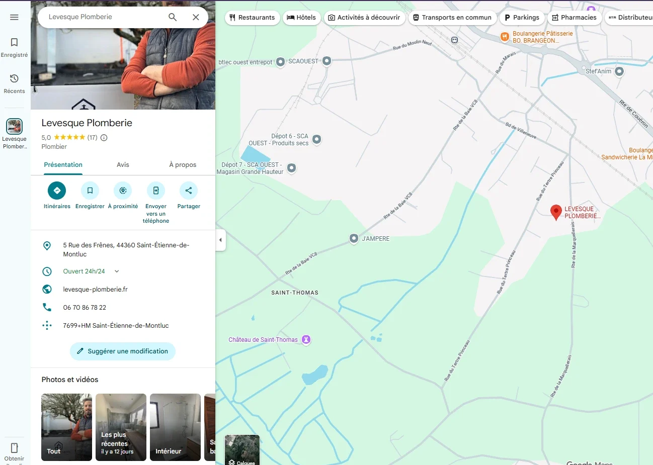 Fiche Google de Levesque Plomberie avec 17 avis clients 5 étoiles