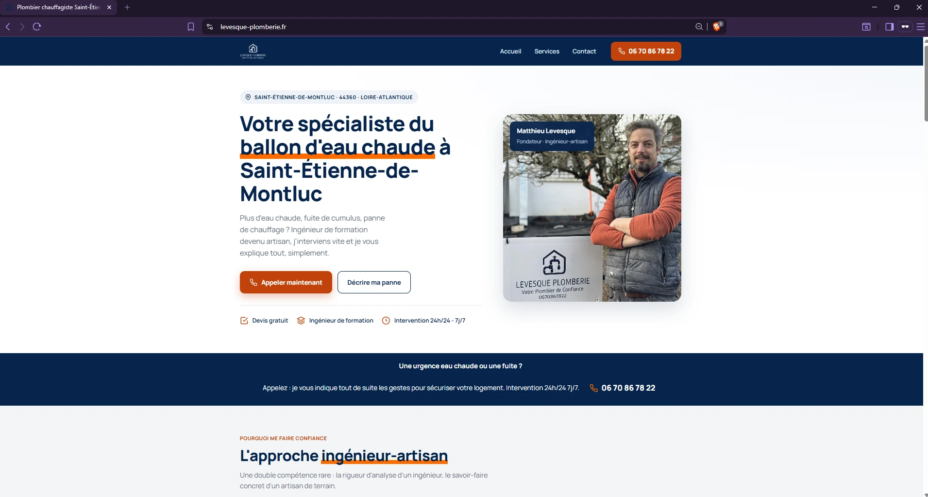 Page d'accueil du site levesque-plomberie.fr créé par E-Cybercom
