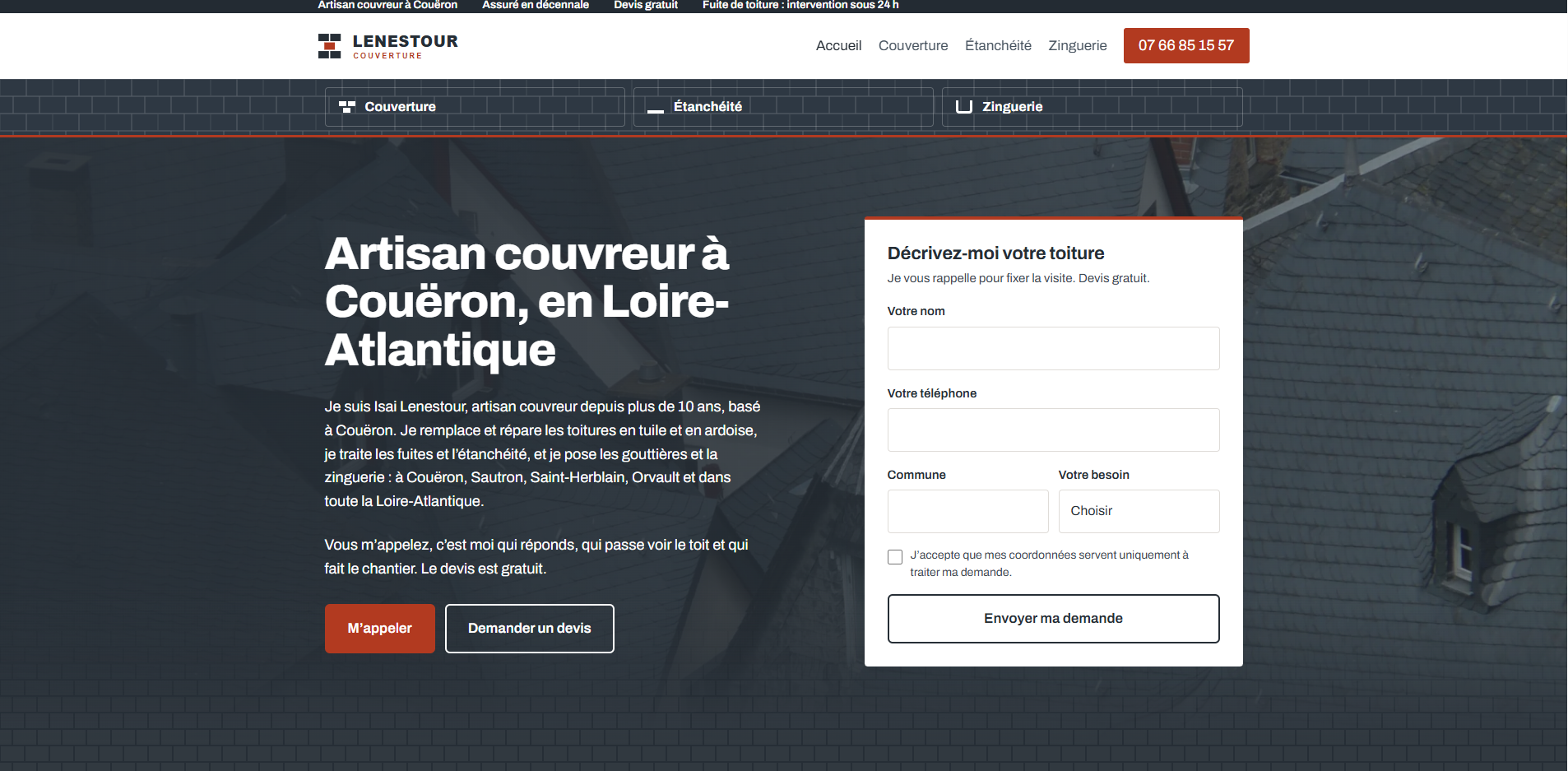 Page d'accueil du site lenestour-couverture.fr créé par E-Cybercom