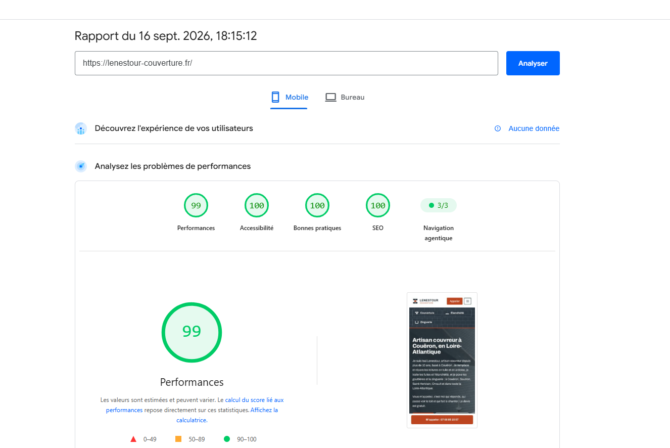 Score PageSpeed mobile du site lenestour-couverture.fr : 99 en performances, 100 en accessibilité, bonnes pratiques et SEO